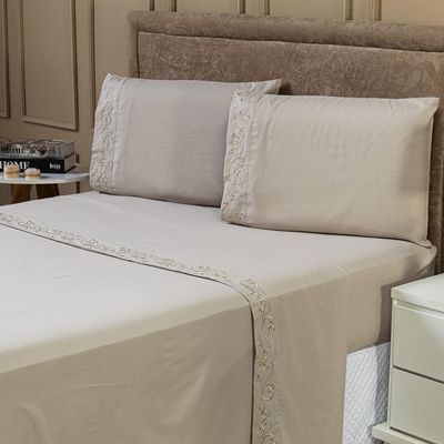 Jogo De Cama Lençol Casal Padrão Blossom Bordado Floral Percal 300 Fios Com Fronhas 04 Peças - Toque Acetinado Cor Caqui