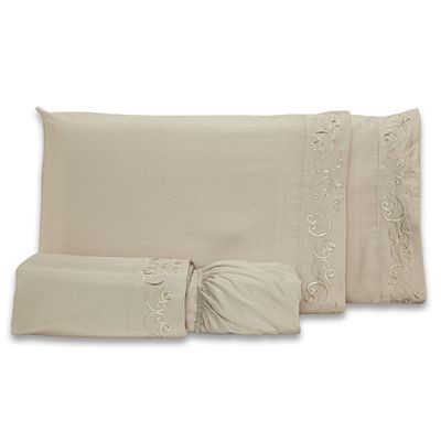 Jogo De Cama Lençol Casal Padrão Blossom Bordado Floral Percal 300 Fios Com Fronhas 04 Peças - Toque Acetinado Cor Caqui