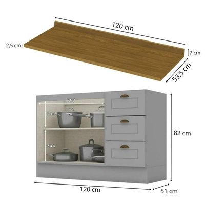 Balcão De Cozinha Com Tampo Henn Americana 120cm 2 Portas Cinza / Nature