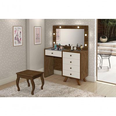 Penteadeira Camarim Luna 9 Gavetas com Espelho LED Retrô MDF Branco Fosco