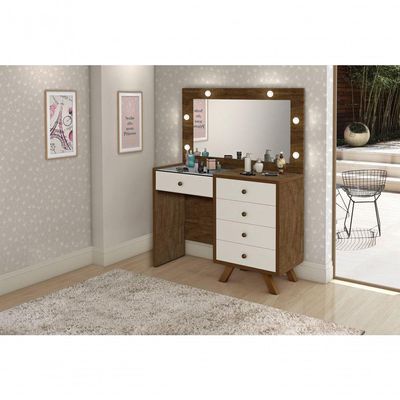 Penteadeira Camarim Luna 9 Gavetas com Espelho LED Retrô MDF Branco Fosco