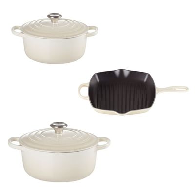 KIT LE CREUSET 2 PANELAS REDONDAS 20 E 24CM GRELHA QUADRADA 26CM EM FERRO ESMALTADO MERINGUE