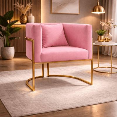 Poltrona Moderna Sala Base Dourada Design Luxo Luna Suede Rosa