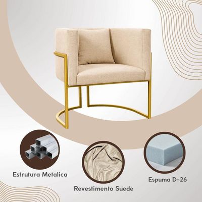 Poltrona Moderna Sala Base Dourada Design Luxo Luna Suede Rosa