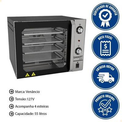 Forno Convector Venâncio Smart Basic 4 Esteiras Com Corpo Preto E Painel Inox 127v Fcsb4eprin
