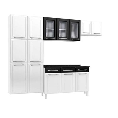 Armário De Cozinha Modulada Compacta De Aço 245cm Com Balcão Multimóveis Cr20526 Branco/Preto
