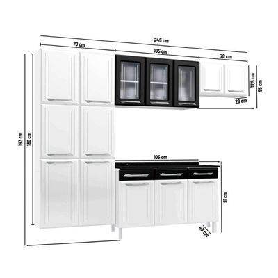Armário De Cozinha Modulada Compacta De Aço 245cm Com Balcão Multimóveis Cr20526 Branco/Preto