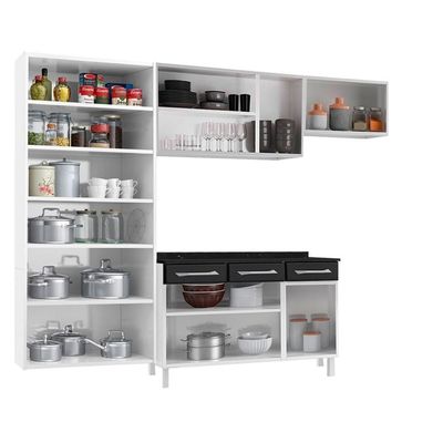 Armário De Cozinha Modulada Compacta De Aço 245cm Com Balcão Multimóveis Cr20526 Branco/Preto