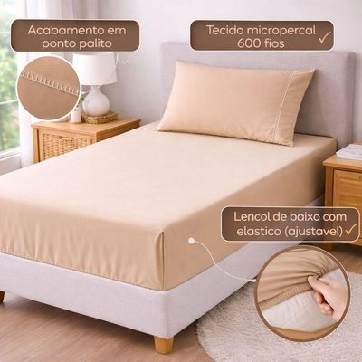 Jogo De Lençol Solteiro Premium Soft 600 Fios Micropercal Avelã Ponto Palito Toque Macio 2 Peças