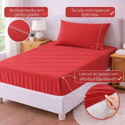 Jogo De Lençol Solteiro Premium Soft 600 Fios Micropercal Vermelho Ponto Palito Toque Macio 2 Peças