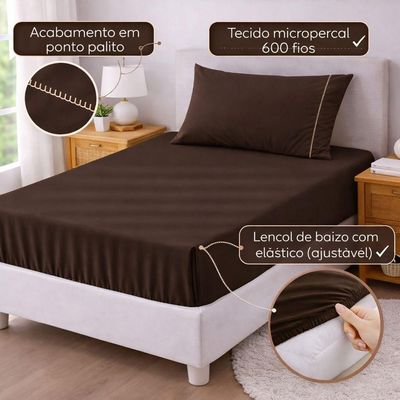 Jogo De Lençol Solteiro Premium Soft 600 Fios Micropercal Marrom Ponto Palito Toque Macio 2 Peças