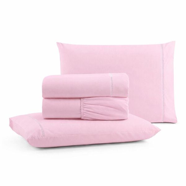 Jogo De Lençol Casal Padrão Premium Soft 600 Fios Micropercal Rosa Bebê Ponto Palito Toque Macio 4 Peças