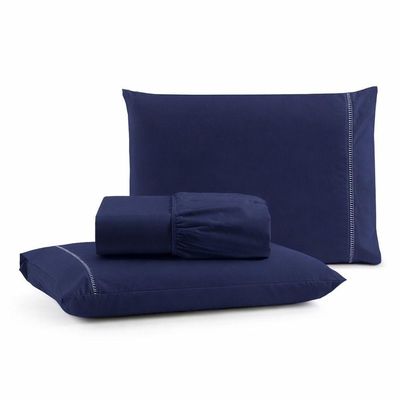 Jogo De Lençol King Premium Soft 600 Fios Micropercal Azul Marinho Ponto Palito Toque Macio 3 Peças