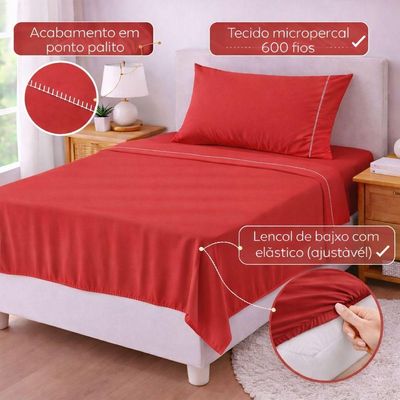 Jogo De Lençol Solteiro Premium Soft 600 Fios Micropercal Vermelho Ponto Palito Toque Macio 3 Peças