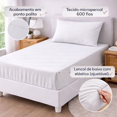 Jogo De Lençol Solteiro Premium Soft 600 Fios Micropercal Branco Ponto Palito Toque Macio 2 Peças