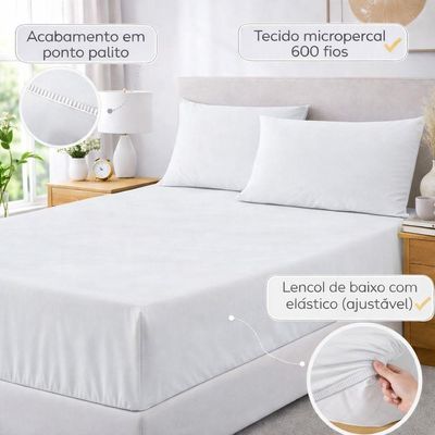 Jogo De Lençol Casal Padrão Premium Soft 600 Fios Micropercal Branco Ponto Palito Toque Macio 3 Peças
