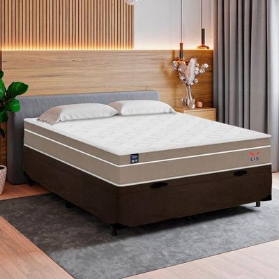 Cama Box Baú Casal Suede + Colchão Lis Molas Ensacadas Plumatex 138x188x64cm Cor:marrom