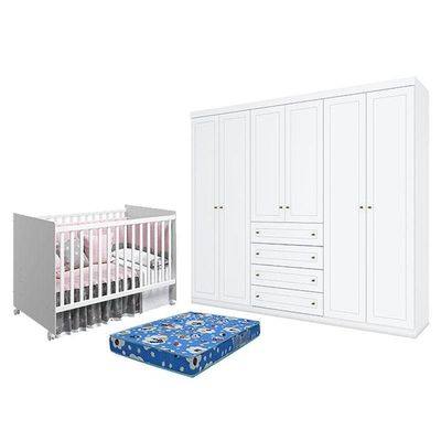 Berço Nacional Mel Branco Acetinado - Reller E Guarda Roupa Casal Americano 6 Portas Branco Hp E Colchão Ortobom - Henn