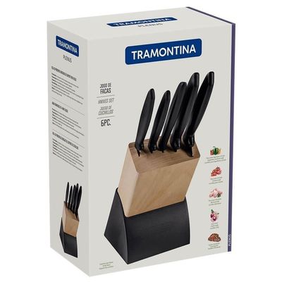 Jogo De Facas Tramontina Plenus Aço Inox E Polipropileno Preto E Suporte De Madeira 6 Peças 23498028