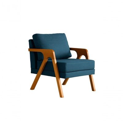 Kit 2 Poltronas Mona Luxo Madeira Maciça Linho Azul Para Sala De Estar Decorativa Moderna