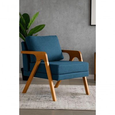Kit 2 Poltronas Mona Luxo Madeira Maciça Linho Azul Para Sala De Estar Decorativa Moderna