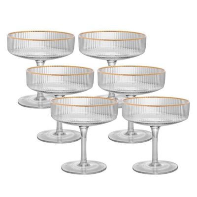 Jogo 6 Taça De Vidro Coupe Com Borda Dourada Lines Canelada Para Drinks Sobremesa Wolff 200ml