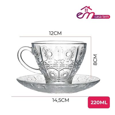 Jogo 2 Xícara De Chá Vidro Transparente Com Pires Bohemia Café Relevo 220ml Em Casa Tem