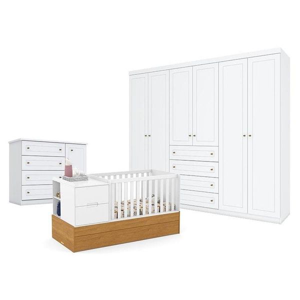 Quarto De Bebê Americano 6 Portas Com Berço Americano Multifuncional Formare Branco Freijó - Matic
