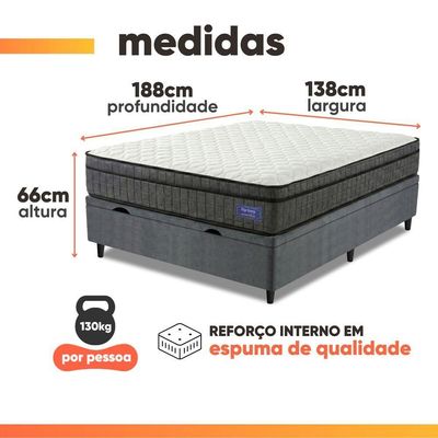 Cama Box Baú Colchão Casal Ortopédico D33 Euro Pillow Ultra 138x188x66cm Cinza