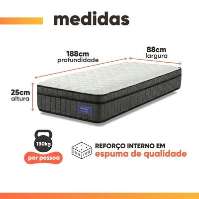 Cama Box Baú Colchão Solteiro Ortopédico D33 Euro Pillow Ultra 88x188x66cm Cinza