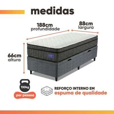 Cama Box Baú Colchão Solteiro Ortopédico D33 Euro Pillow Ultra 88x188x66cm Cinza