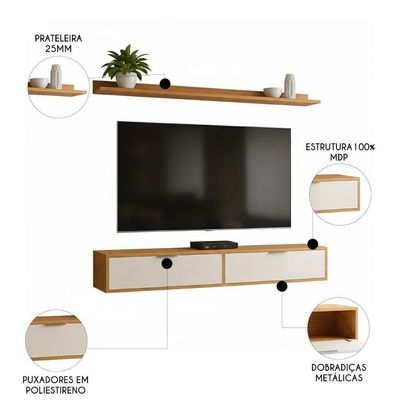 Rack Tv 75 Pol. Suspenso 180cm 2 Portas Lila Branco/cinamomo Z49 - Mpozenato