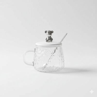Copo Caneca De Vidro Com Colher Tampa Com Urso - Wm