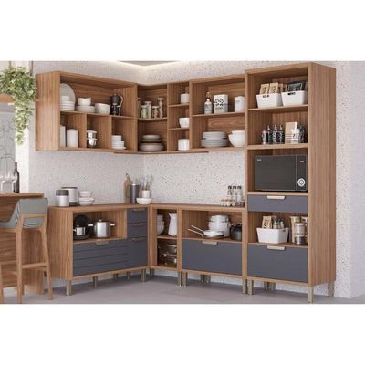 Kit Cozinha Completa Modulada Eloise 7 Gavetas 100% MDF Cinamomo Platina