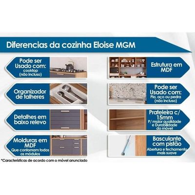 Kit Cozinha Completa Modulada Eloise 7 Gavetas 100% MDF Cinamomo Platina