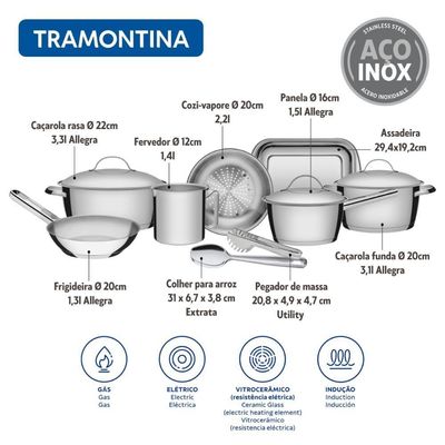 Jogo De Panelas 7 Peças Allegra Aço Inox Colher E Pegador Tramontina