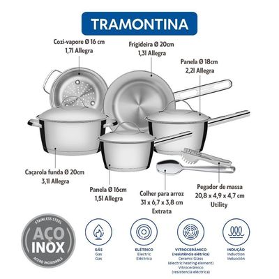 Jogo De Panelas Aço Inox 5 Peças Allegra Colher E Pegador Tramontina