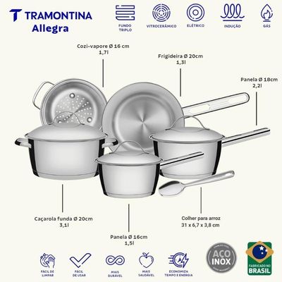 Jogo De Panelas Aço Inox Indução 5 Peças Allegra E Colher Tramontina