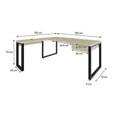 Mesa Em L Presidente C-01 Gav. 190x160x75cm Yon - Ciliegio-est.preta Ciliegio-est.preta