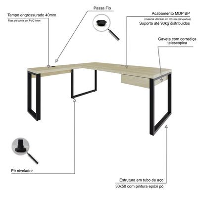 Mesa Em L Presidente C-01 Gav. 190x160x75cm Yon - Ciliegio-est.preta Ciliegio-est.preta