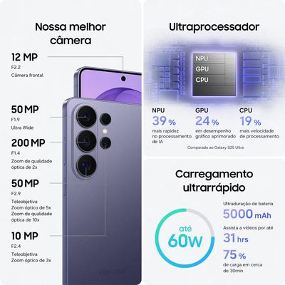 Smartphone Galaxy S26 Ultra 256GB 5G Tela 6.9 Polegadas Samsung Violeta