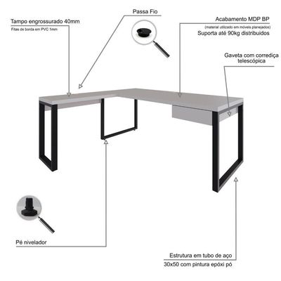 Mesa Em L Presidente C-01 Gav. 190x160x75cm Yon - Off White-est.preta Off White-est.preta