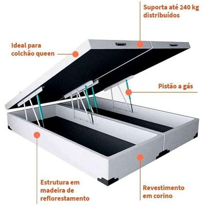 Cama Box com Baú Queen Base Box Bipartido Suede Abertura Pneumática Branco
