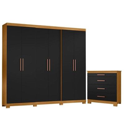 Cômoda 4 Gavetas New E Guarda Roupa Casal San Diego Carvalho Americano Preto - Incorplac