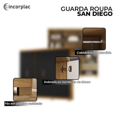 Cômoda 4 Gavetas New E Guarda Roupa Casal San Diego Carvalho Americano Preto - Incorplac