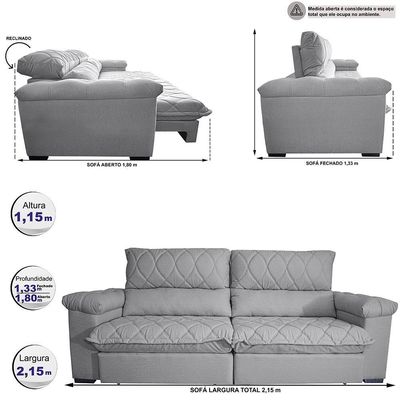 Sofá Retrátil E Reclinável 2,15m Molas Ensacadas Cama Inbox Big Home Bordado 3d Linho Cinza Claro
