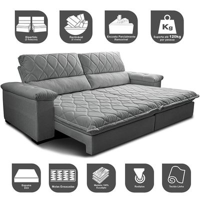 Sofá Retrátil E Reclinável 2,15m Molas Ensacadas Cama Inbox Big Home Bordado 3d Linho Cinza Claro