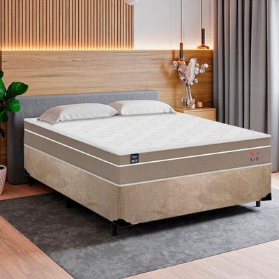 Cama Box Casal Suede + Colchão Lis Molas Ensacadas Superpocket Plumatex 138x188x64cm Bege