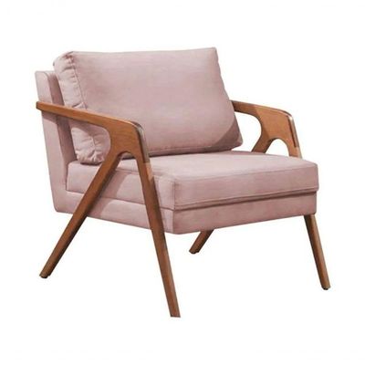 Poltrona Decorativa Mona Luxo Base De Madeira Maciça Sala Recepção Veludo Rose Eli Móveis E Decoração