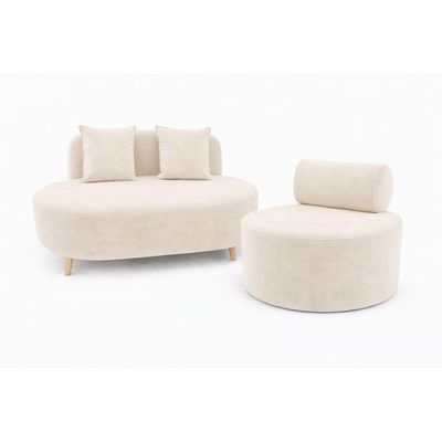 Kit Sofá Orgânico Feijão Para Sala Quarto 115 Cm 02 Almofadas E Poltrona Orgânica Decorativa Flora Veludo Off White